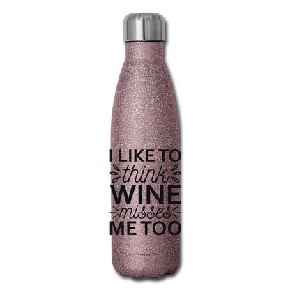 Wine Misses Me Too - Black - Insulated Stainless Steel Water Bottle - pink glitter