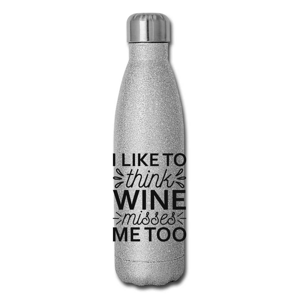 Wine Misses Me Too - Black - Insulated Stainless Steel Water Bottle - silver glitter