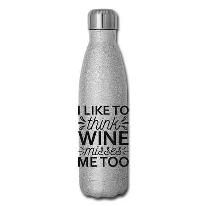 Wine Misses Me Too - Black - Insulated Stainless Steel Water Bottle - silver glitter