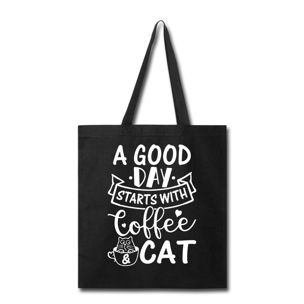 A Good Day - Coffee - Cat - White - Tote Bag - black