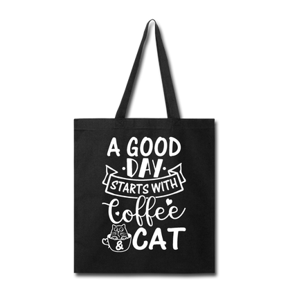 A Good Day - Coffee - Cat - White - Tote Bag - black