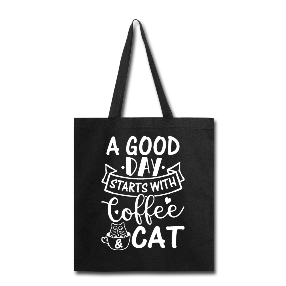 A Good Day - Coffee - Cat - White - Tote Bag - black