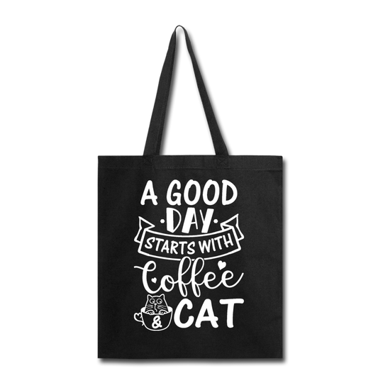 A Good Day - Coffee - Cat - White - Tote Bag - black