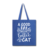 A Good Day - Coffee - Cat - White - Tote Bag - royal blue