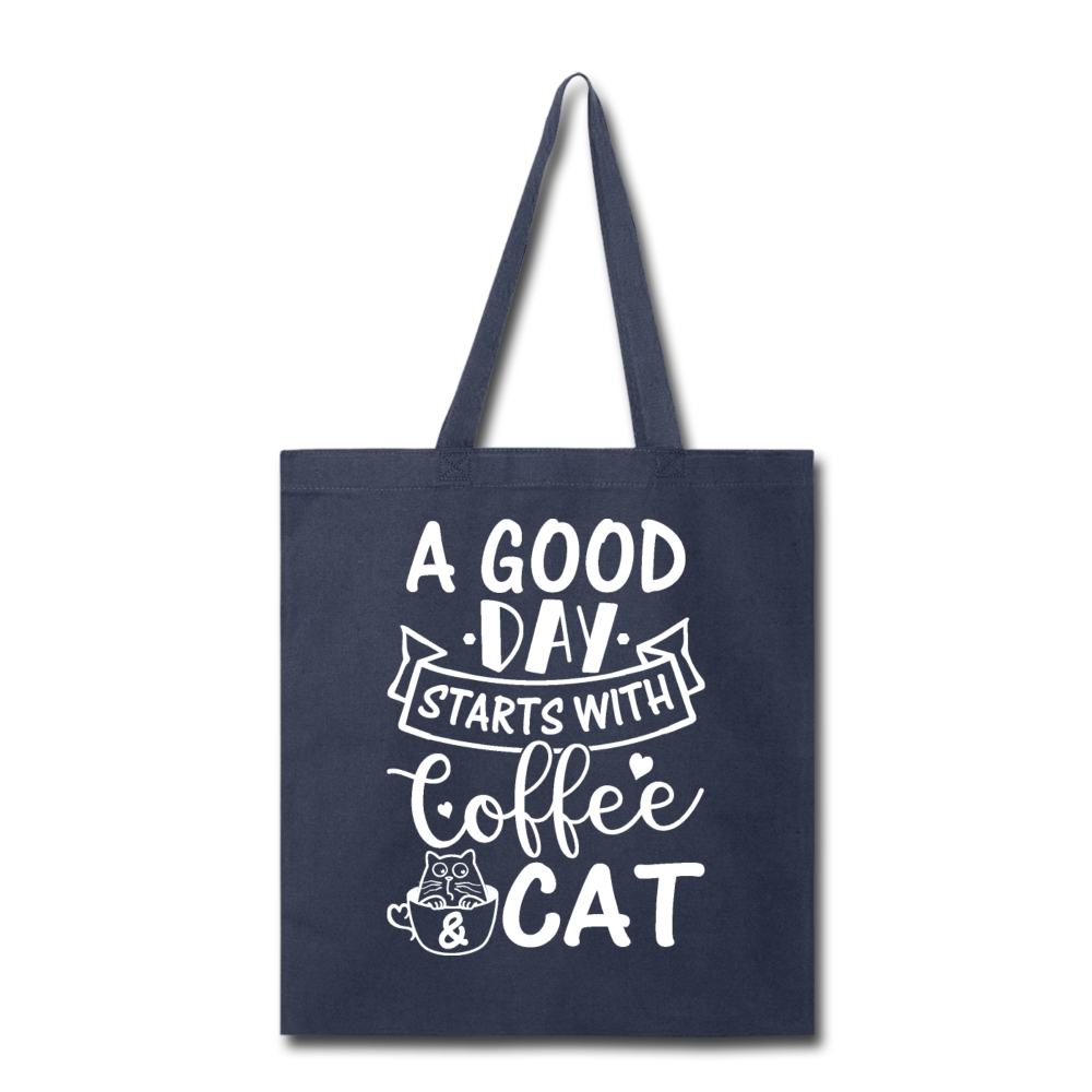 A Good Day - Coffee - Cat - White - Tote Bag - navy