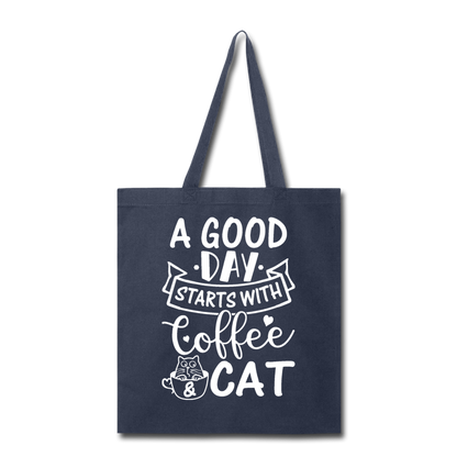 A Good Day - Coffee - Cat - White - Tote Bag - navy