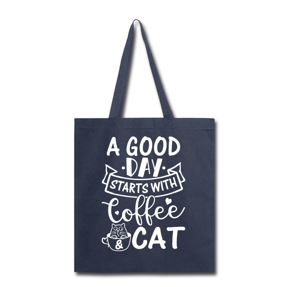 A Good Day - Coffee - Cat - White - Tote Bag - navy