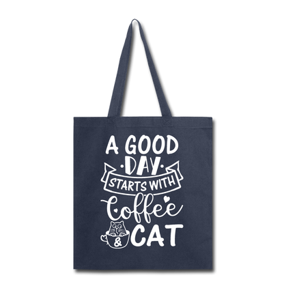 A Good Day - Coffee - Cat - White - Tote Bag - navy