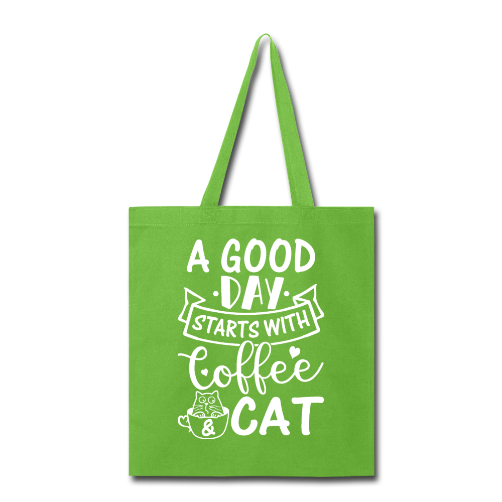 A Good Day - Coffee - Cat - White - Tote Bag - lime green