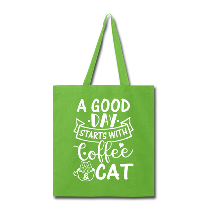 A Good Day - Coffee - Cat - White - Tote Bag - lime green