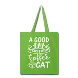 A Good Day - Coffee - Cat - White - Tote Bag - lime green