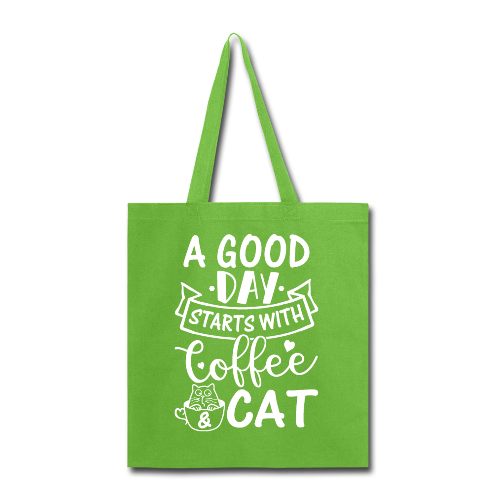 A Good Day - Coffee - Cat - White - Tote Bag - lime green