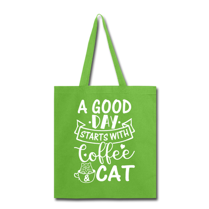 A Good Day - Coffee - Cat - White - Tote Bag - lime green