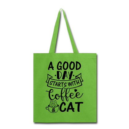 A Good Day - Coffee - Cat - Black - Tote Bag - lime green