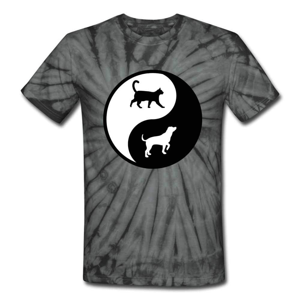 Yin And Yang - Cat And Dog - Unisex Tie Dye T-Shirt - spider black