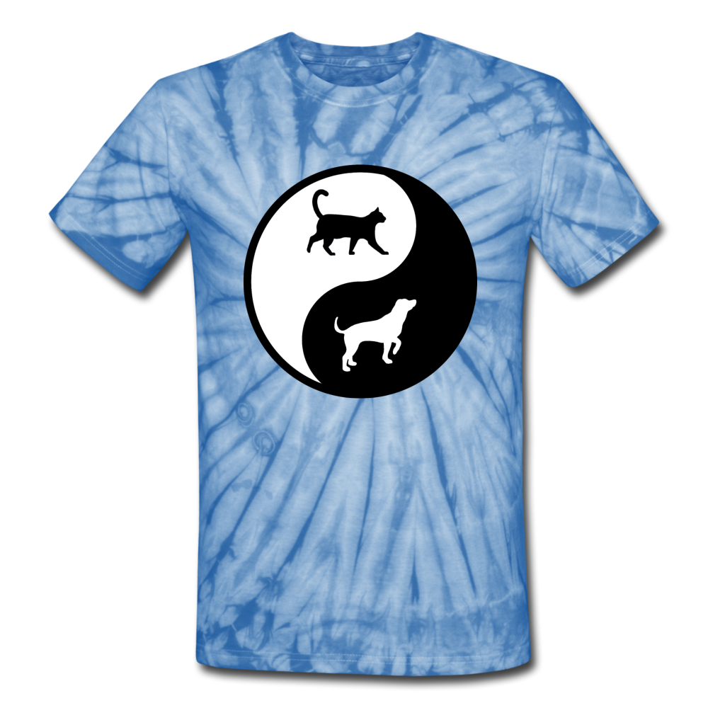 Yin And Yang - Cat And Dog - Unisex Tie Dye T-Shirt - spider baby blue