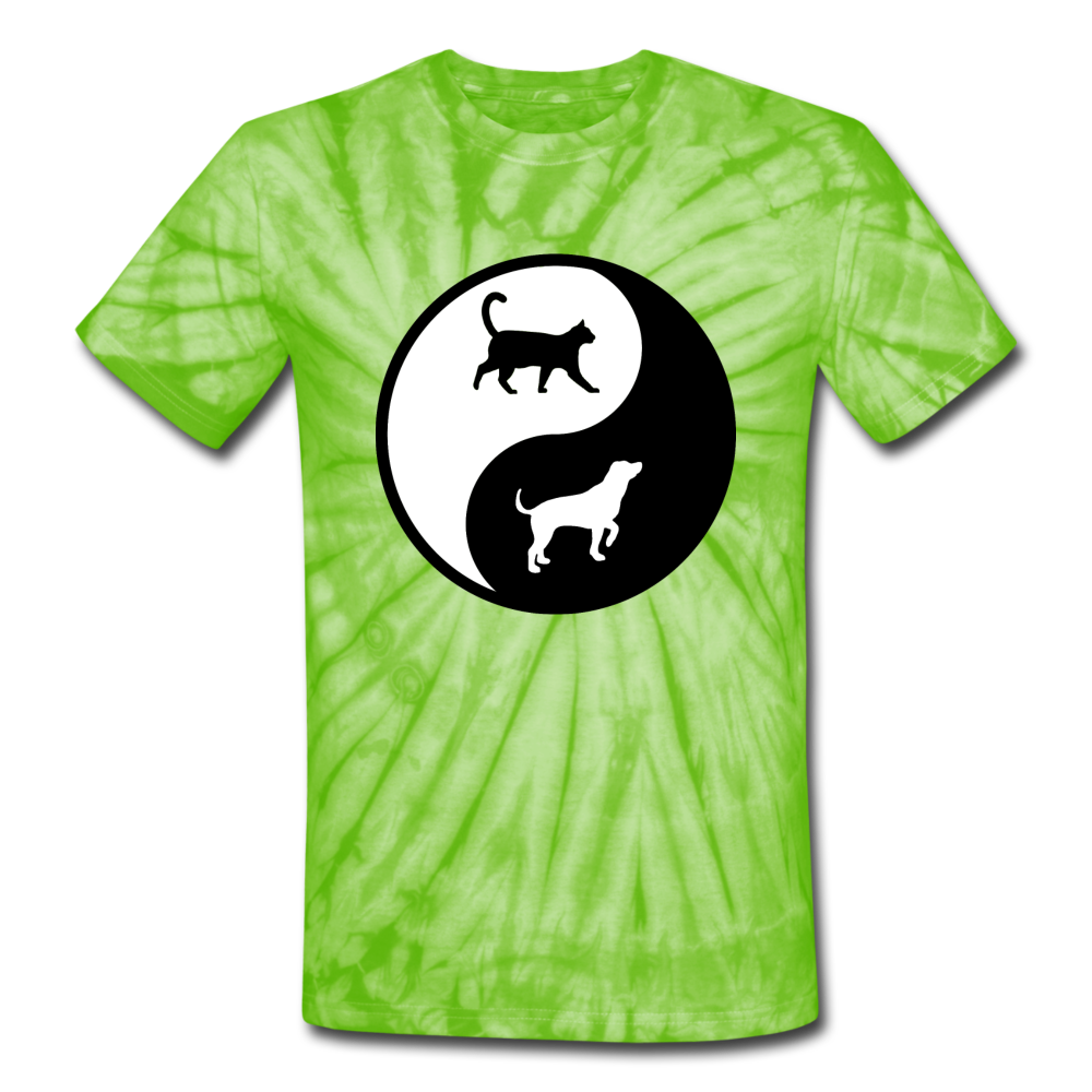 Yin And Yang - Cat And Dog - Unisex Tie Dye T-Shirt - spider lime green