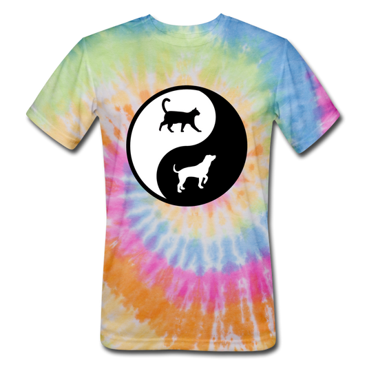 Yin And Yang - Cat And Dog - Unisex Tie Dye T-Shirt - rainbow