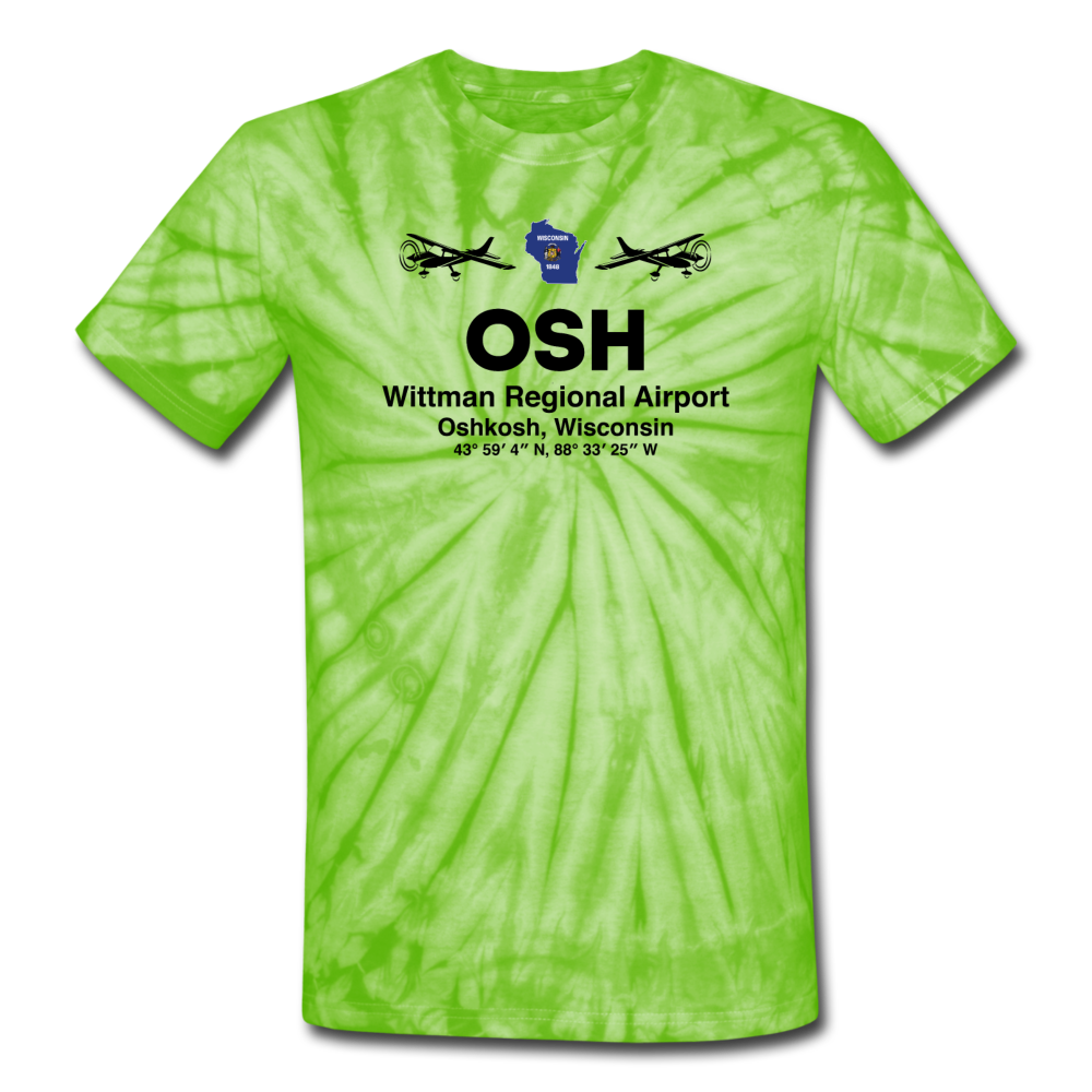 OSH - Wittman Regional - Black - Unisex Tie Dye T-Shirt - spider lime green