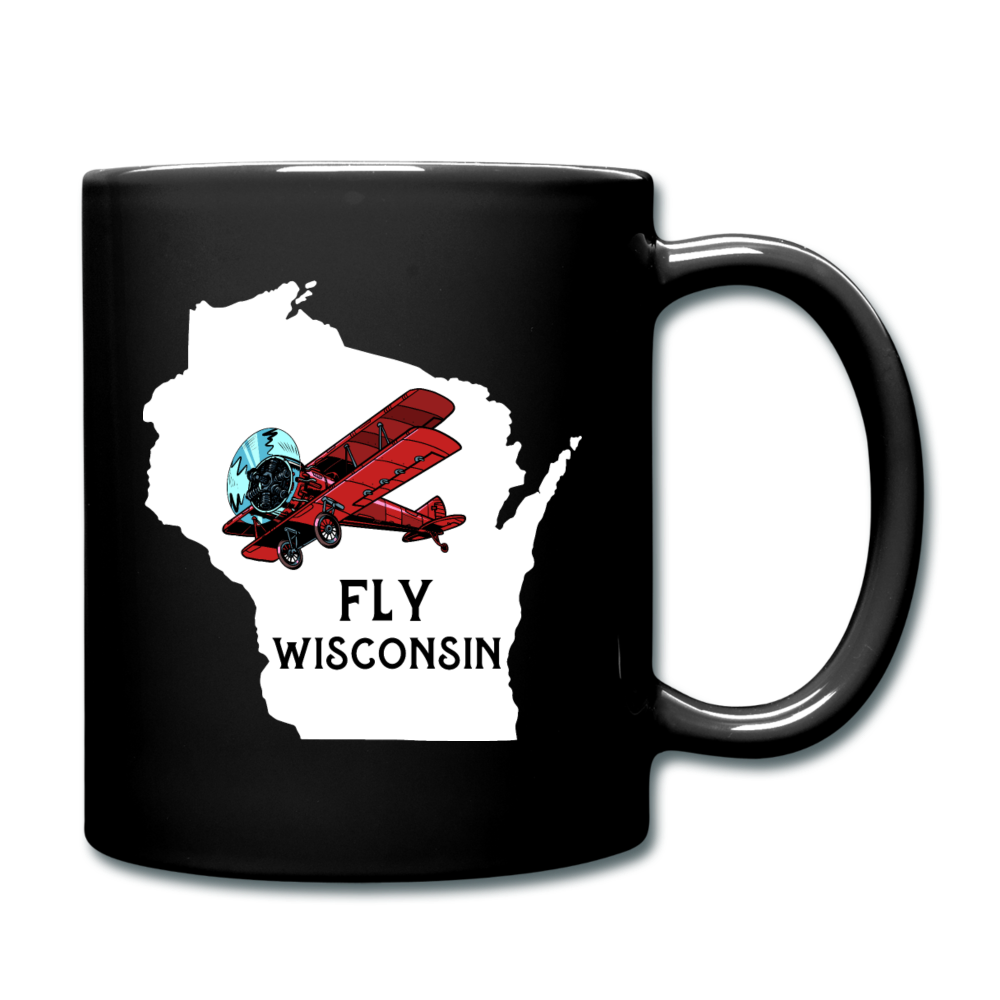 Fly Wisconsin - State - Words - White - Biplane - Full Color Mug - black