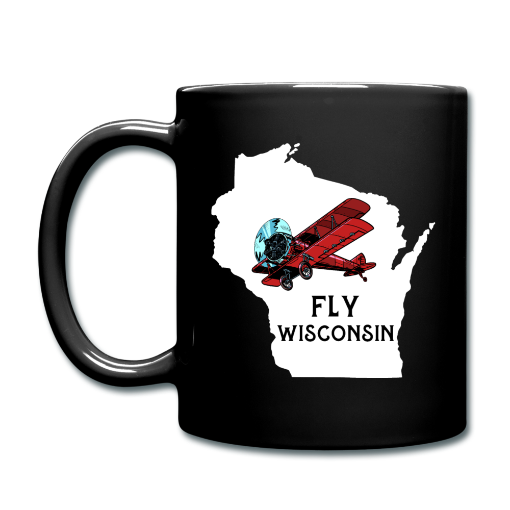 Fly Wisconsin - State - Words - White - Biplane - Full Color Mug - black