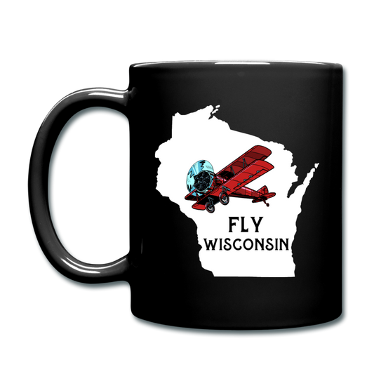 Fly Wisconsin - State - Words - White - Biplane - Full Color Mug - black