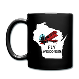 Fly Wisconsin - State - Words - White - Biplane - Full Color Mug - black