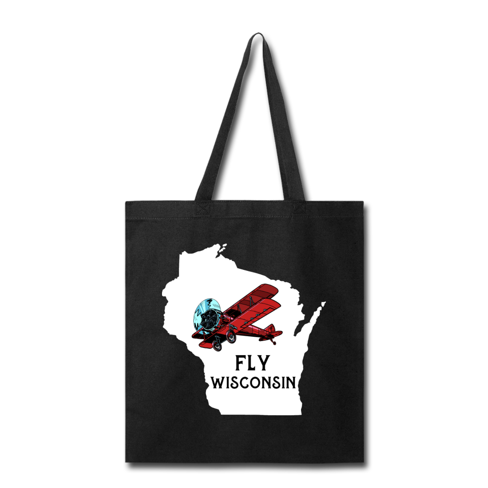 Fly Wisconsin - State - Words - White - Biplane - Tote Bag - black