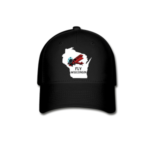 Fly Wisconsin - State - Words - White - Biplane - Baseball Cap - black