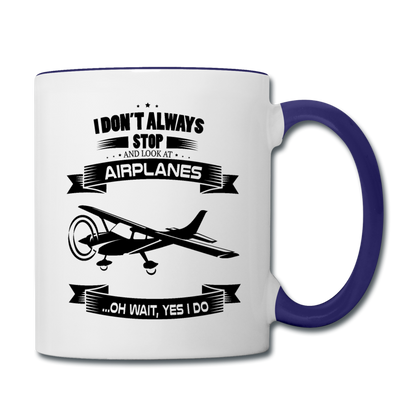 Stop And Look At Airplanes - Black - Contrast Coffee Mug - white/cobalt blue