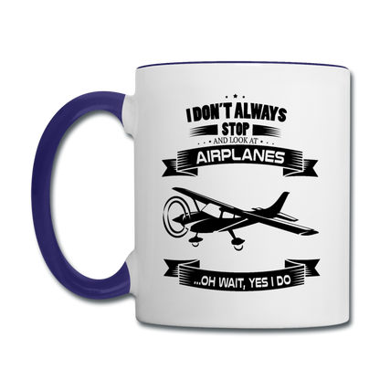 Stop And Look At Airplanes - Black - Contrast Coffee Mug - white/cobalt blue