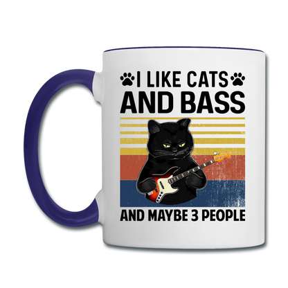 I Like Cats, Bass And 3 People - Contrast Coffee Mug - white/cobalt blue