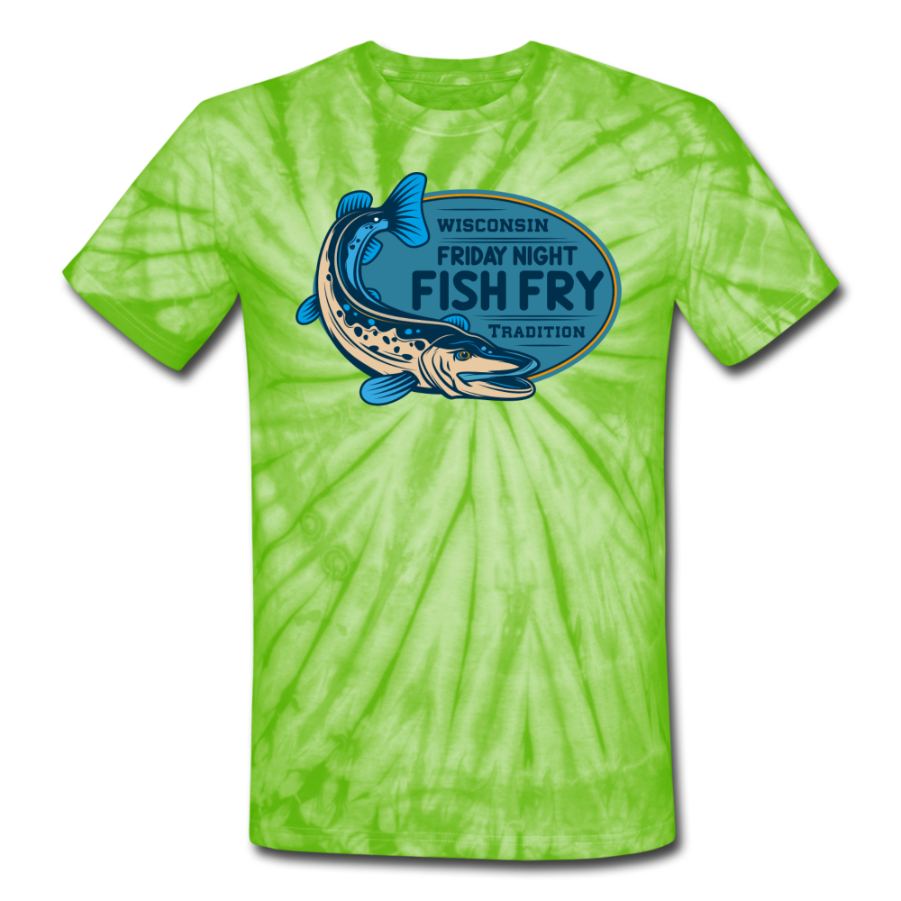 Wisconsin Friday Night Fish Fry Tradition - Unisex Tie Dye T-Shirt - spider lime green