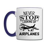 Newber Stop Looking Up At Airplanes - Black - Contrast Coffee Mug - white/cobalt blue