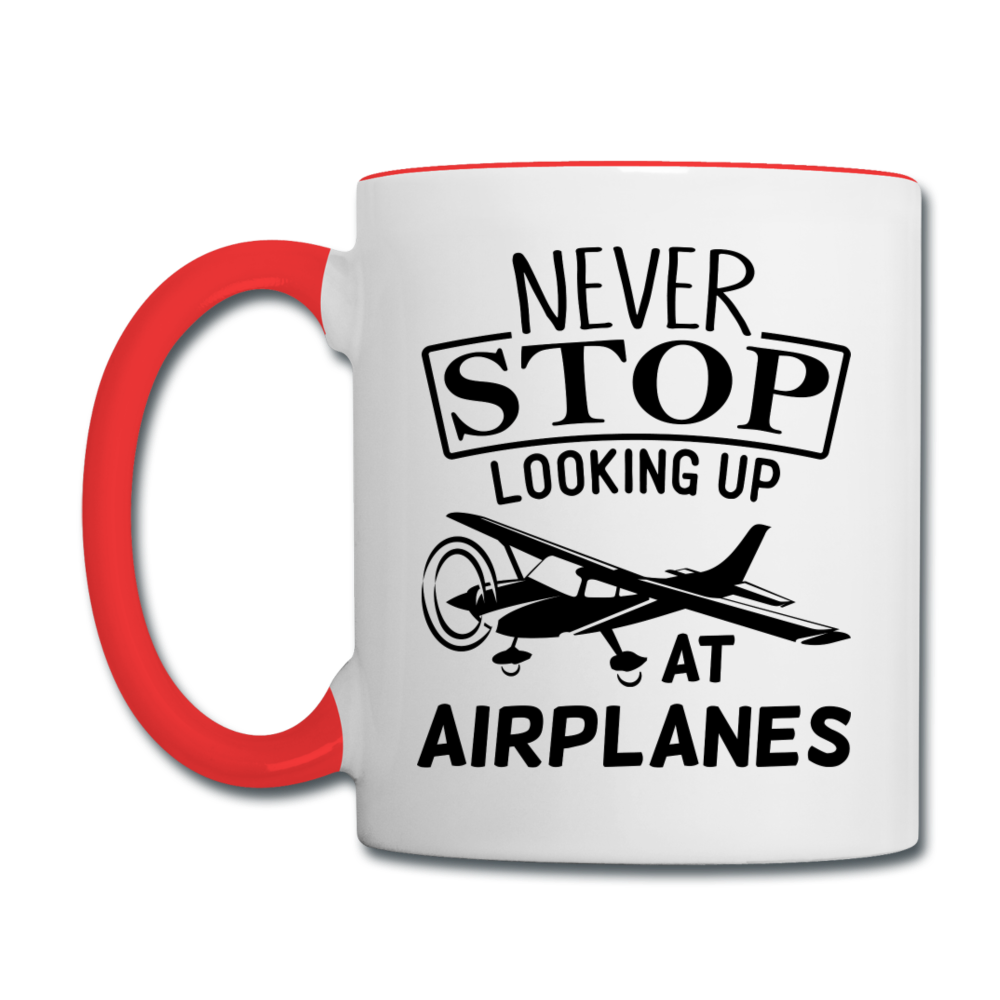 Newber Stop Looking Up At Airplanes - Black - Contrast Coffee Mug - white/red