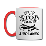 Newber Stop Looking Up At Airplanes - Black - Contrast Coffee Mug - white/red