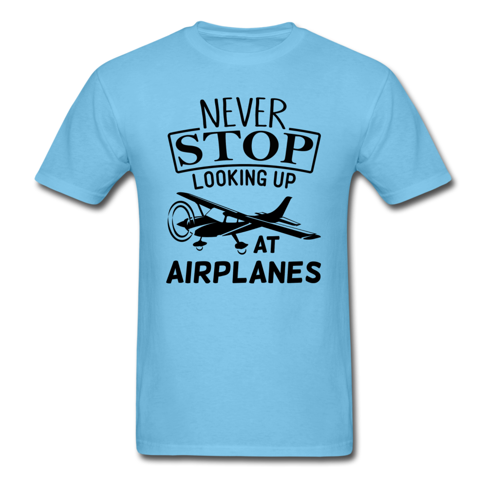 Newber Stop Looking Up At Airplanes - Black - Unisex Classic T-Shirt - aquatic blue