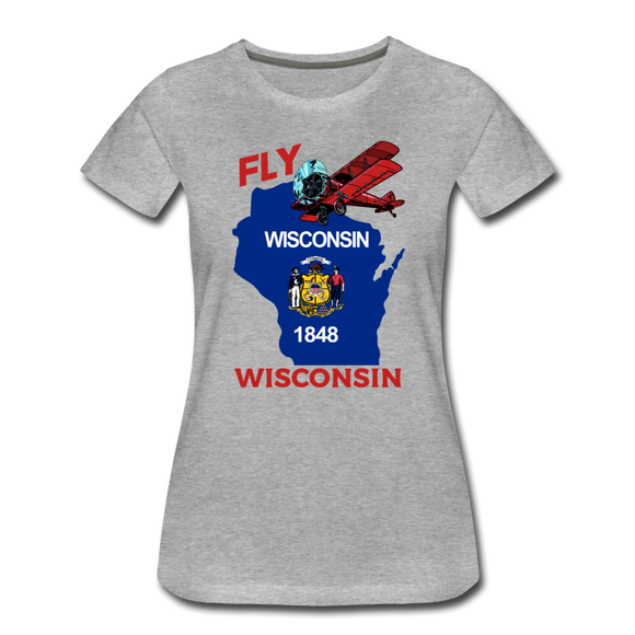 Fly Wisconsin - State Flag - Biplane - Women’s Premium T-Shirt - heather gray