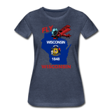 Fly Wisconsin - State Flag - Biplane - Women’s Premium T-Shirt - heather blue