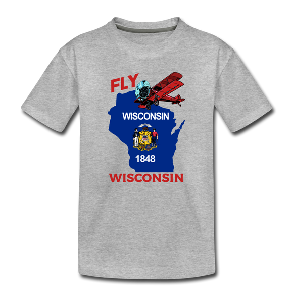 Fly Wisconsin - State Flag - Biplane - Kids' Premium T-Shirt - heather gray