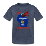 Fly Wisconsin - State Flag - Biplane - Kids' Premium T-Shirt - heather blue