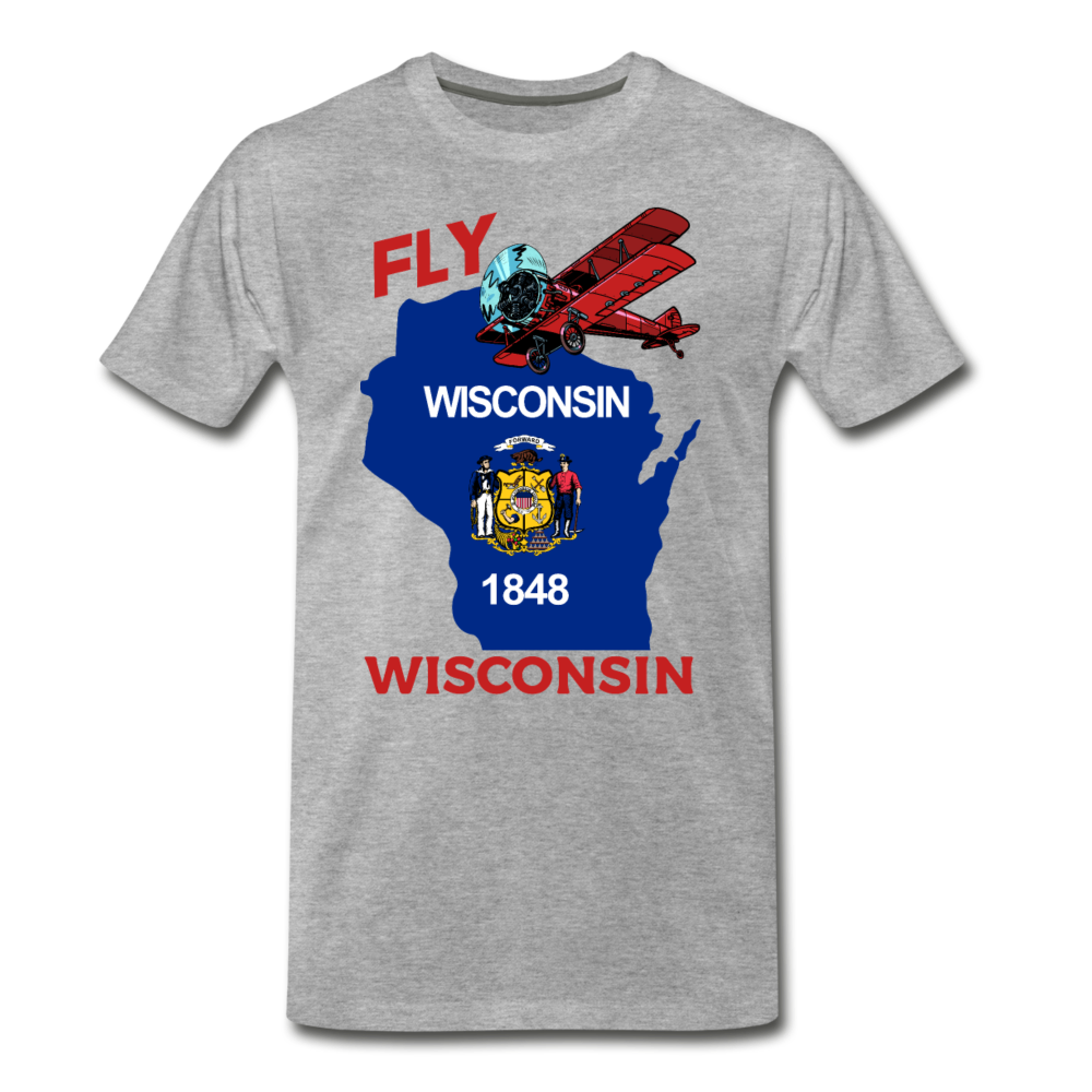 Fly Wisconsin - State Flag - Biplane - Men's Premium T-Shirt - heather gray