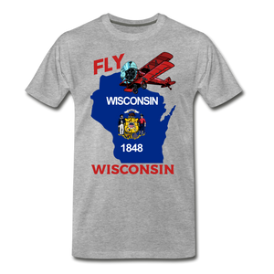 Fly Wisconsin - State Flag - Biplane - Men's Premium T-Shirt - heather gray