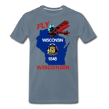 Fly Wisconsin - State Flag - Biplane - Men's Premium T-Shirt - steel blue