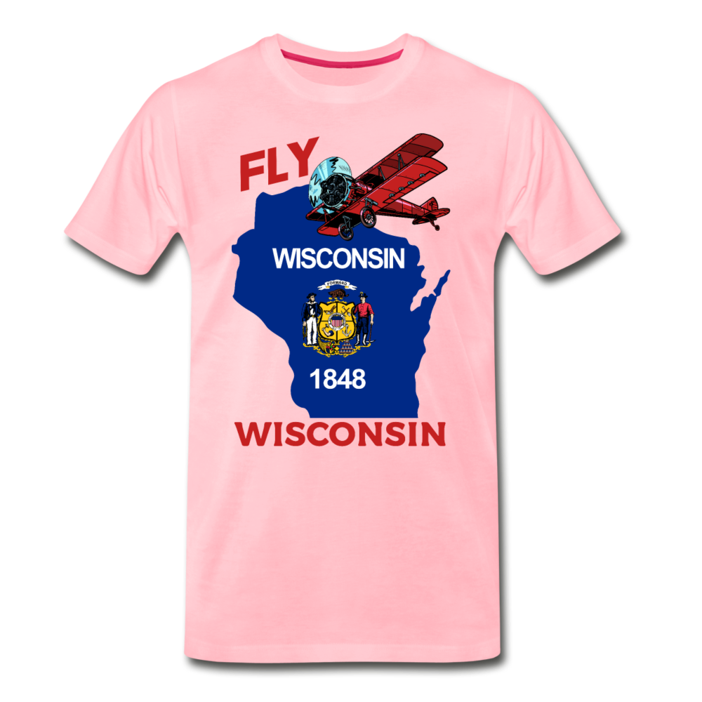 Fly Wisconsin - State Flag - Biplane - Men's Premium T-Shirt - pink