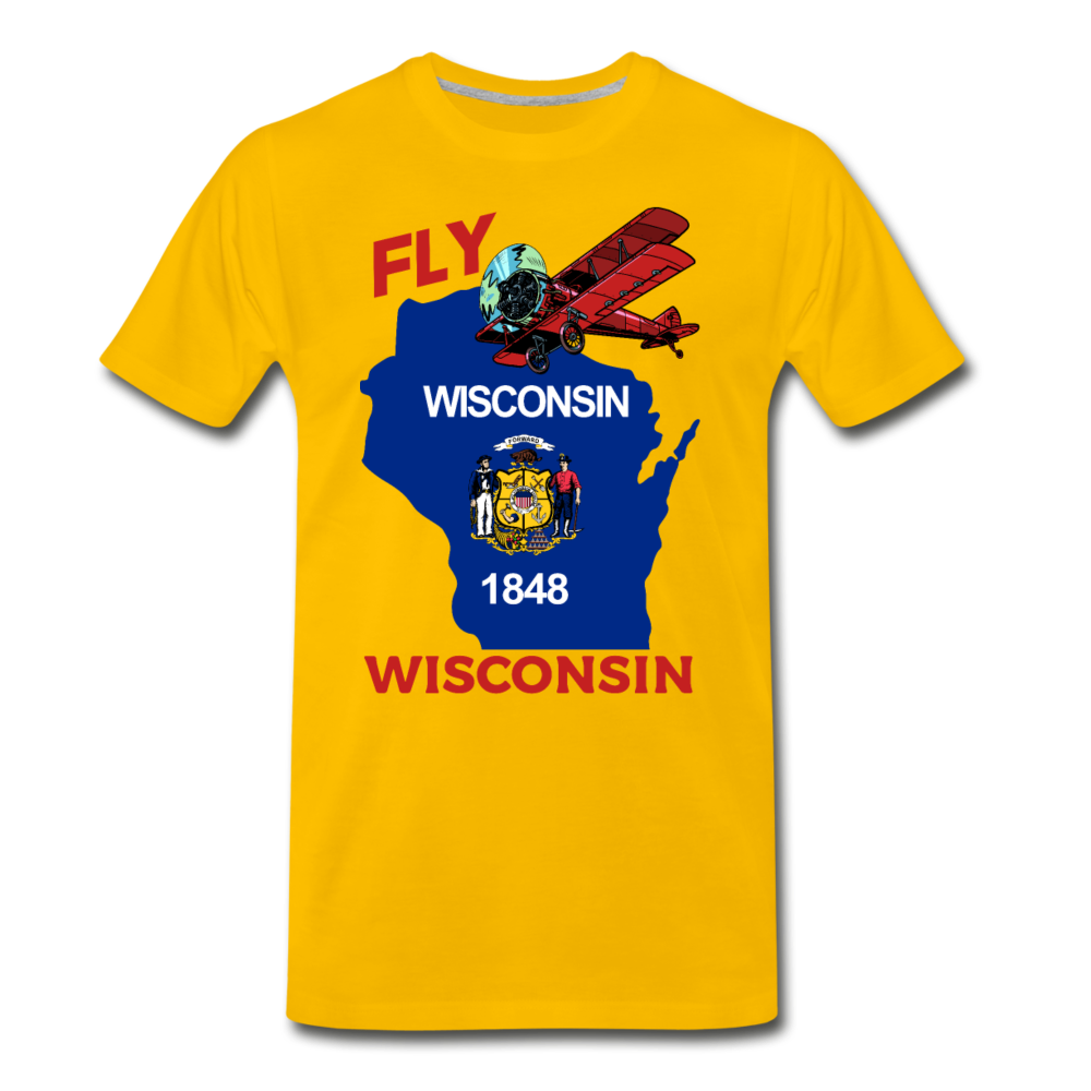 Fly Wisconsin - State Flag - Biplane - Men's Premium T-Shirt - sun yellow