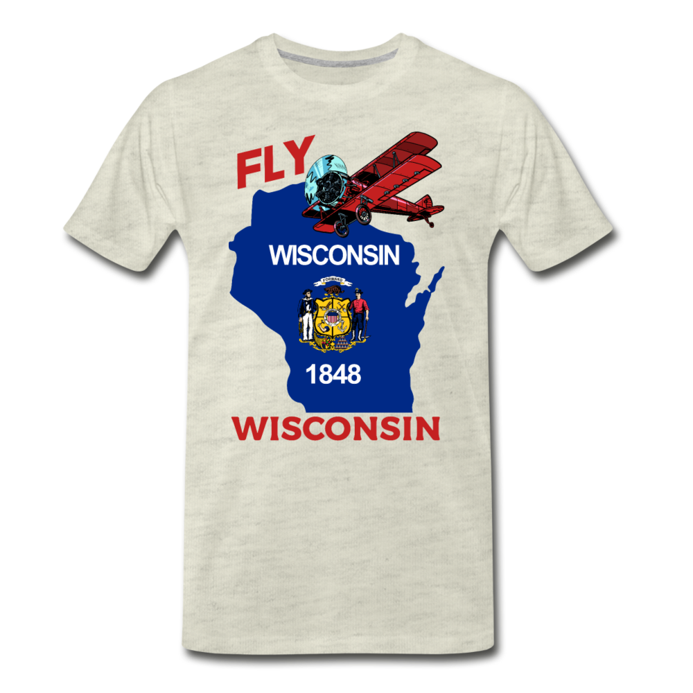 Fly Wisconsin - State Flag - Biplane - Men's Premium T-Shirt - heather oatmeal