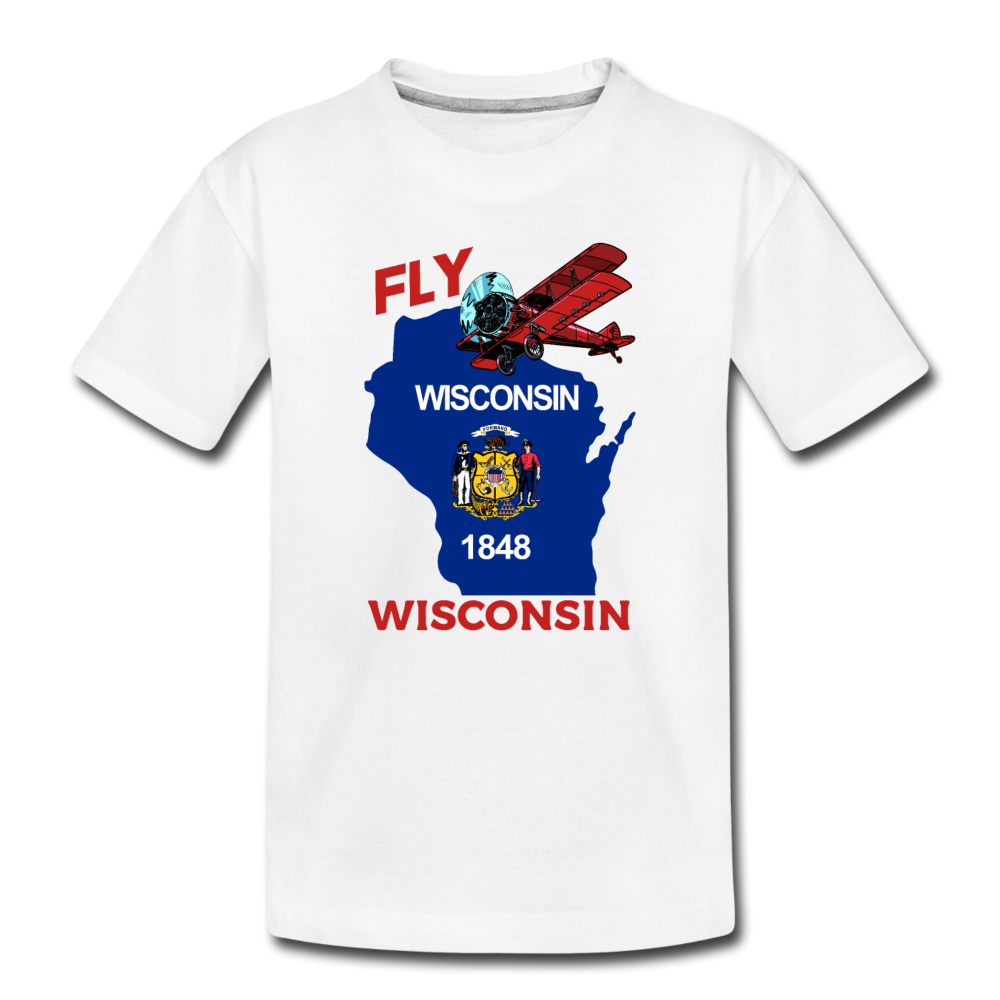 Fly Wisconsin - State Flag - Biplane - Toddler Premium T-Shirt - white