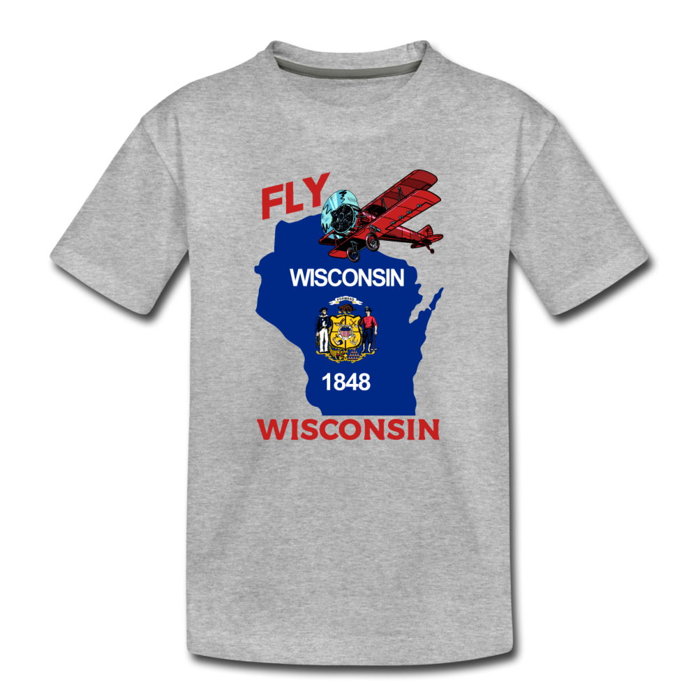 Fly Wisconsin - State Flag - Biplane - Toddler Premium T-Shirt - heather gray