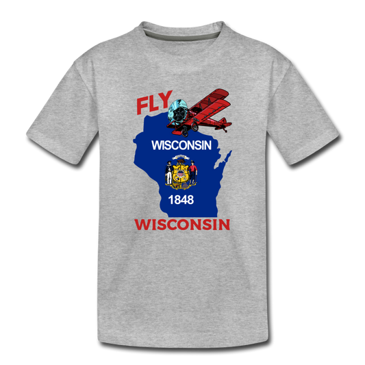 Fly Wisconsin - State Flag - Biplane - Toddler Premium T-Shirt - heather gray